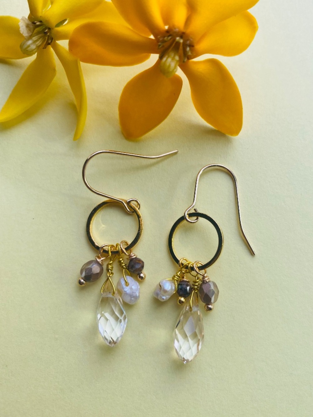 Champagne Faceted Crystal Earrings with Keshi Pearl and Beads - Handmade
